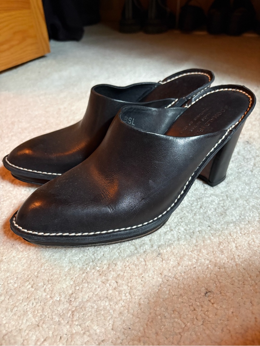 Donald J. Pliner Black Leather Slip-On Mule Heels with Contrast Stitching